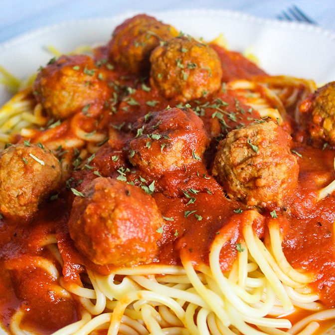 Turkey meatballs with red pepper sauce.