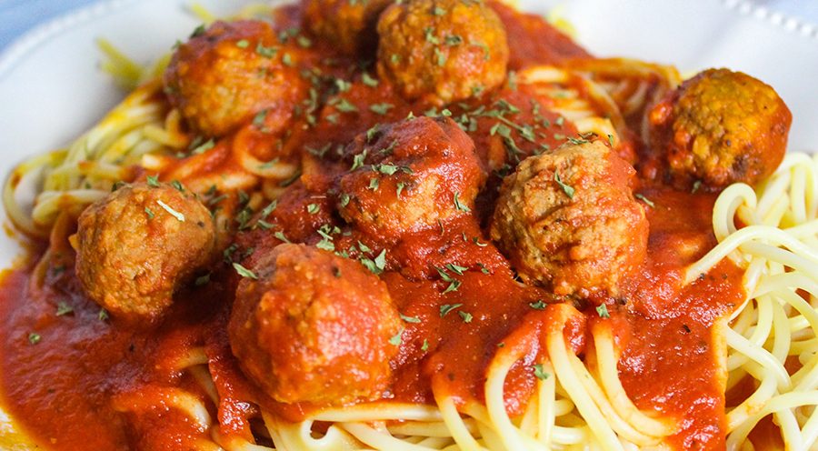 Turkey meatballs with red pepper sauce.