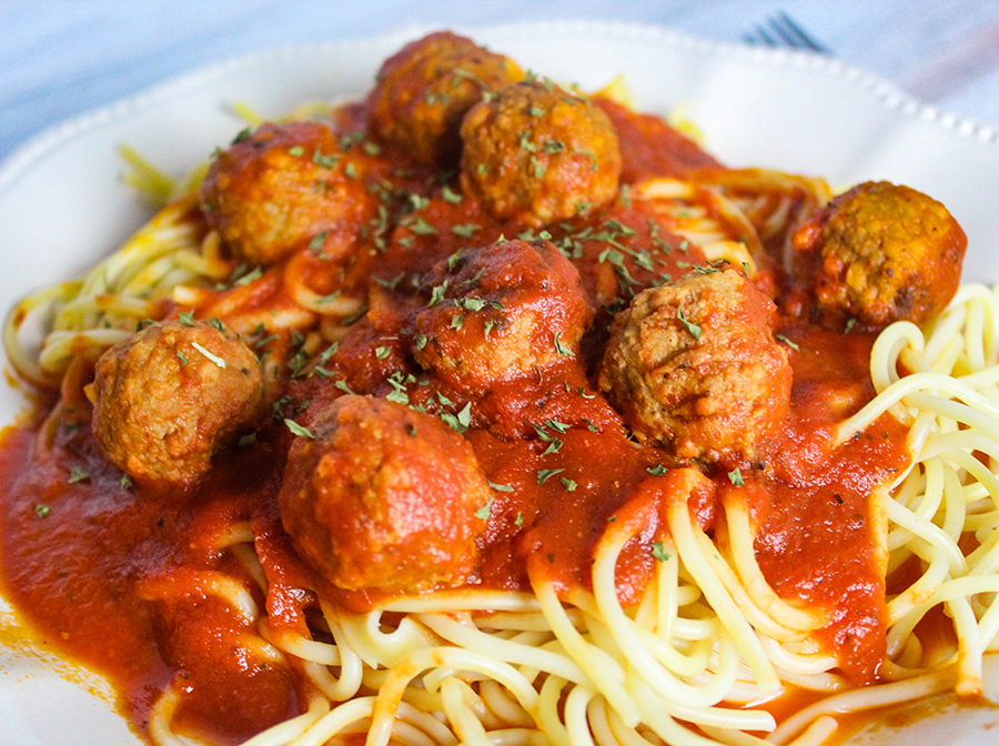 Turkey meatballs with red pepper sauce.