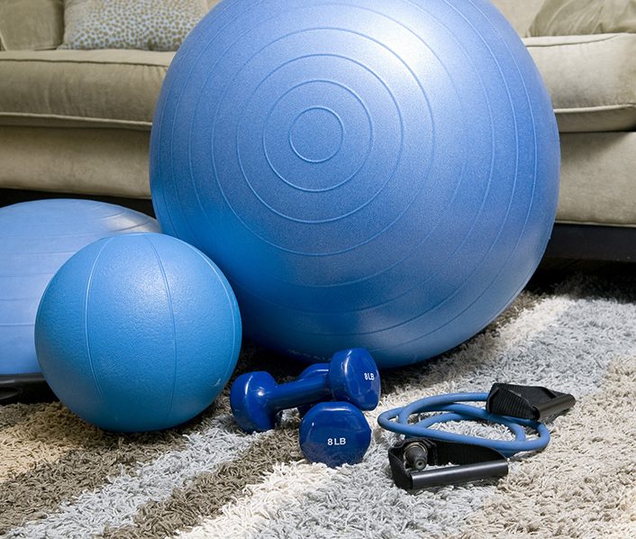 Selection of gym balls and equipment