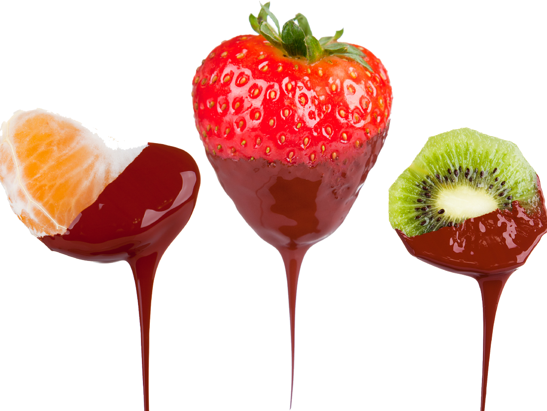 Fruit dipped in melted chocolate.