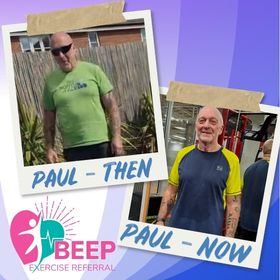 Before and after image of Paul looking healthier, leaner and fitter.