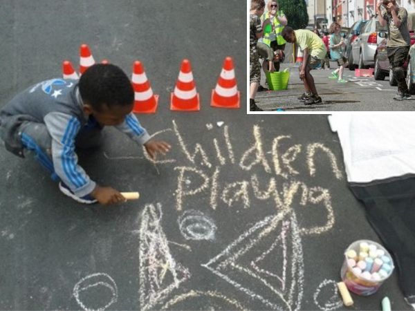 Photo of child drawing with chalk on the street. Inset photo shows children playing on a closed street